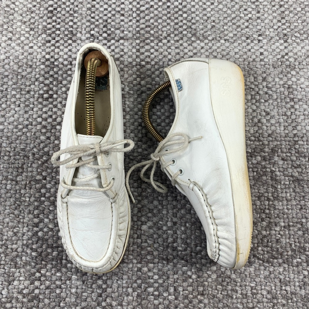 SAS Siesta Loafers Women 7.5 White Leather Lace Up Comfort Shoes Made in USA